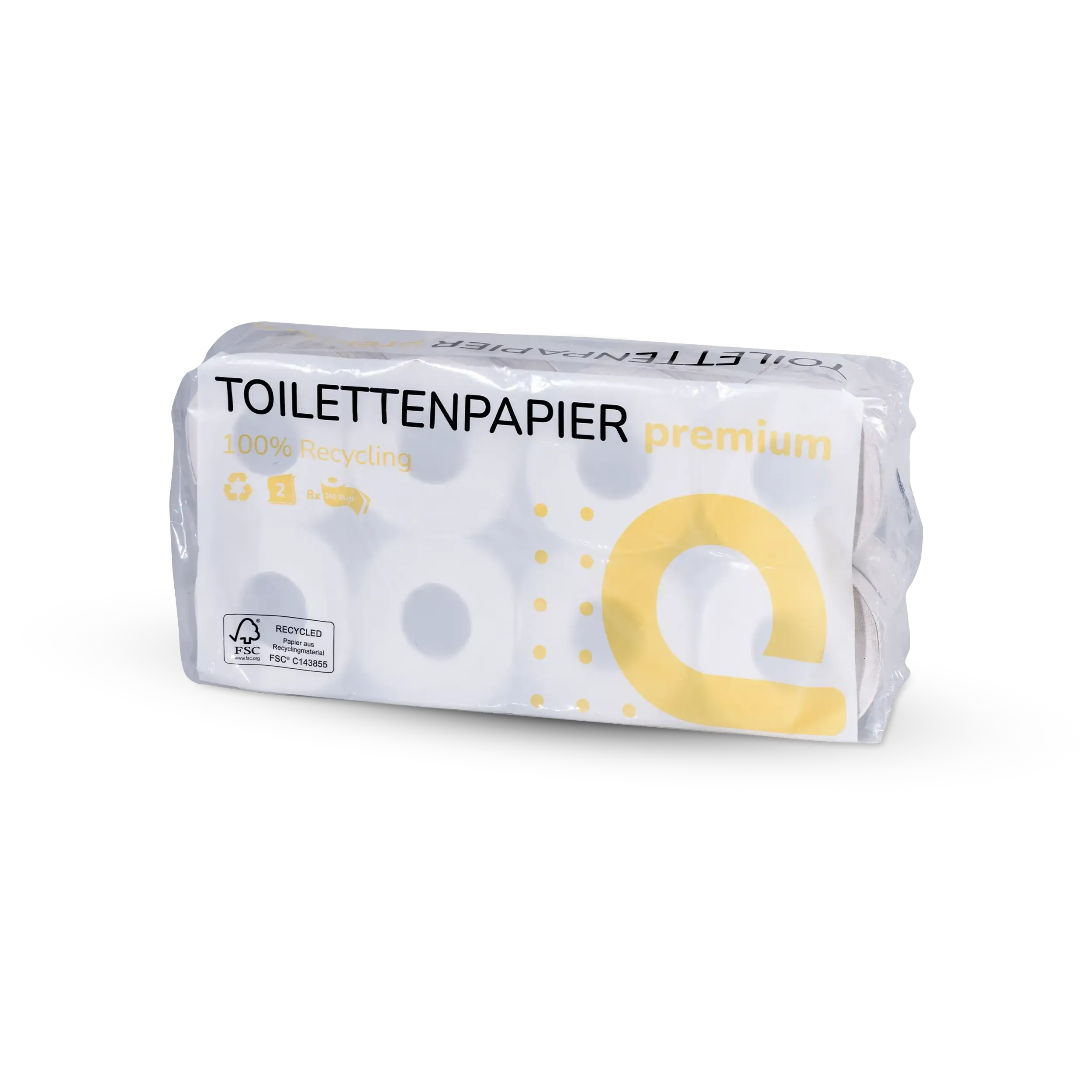 Verpackung mit 8 Rollen Toilettenpapier 2-lagig aus Recyclingpapier von Klopilot