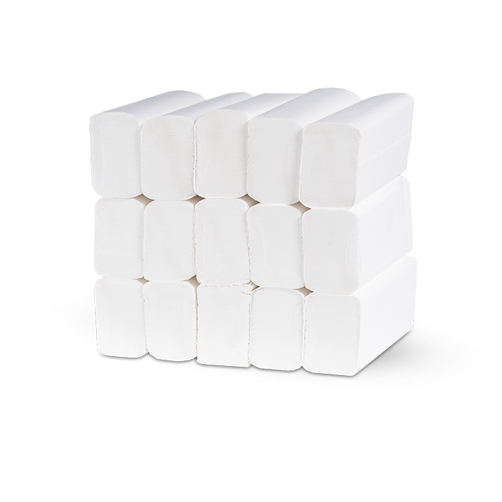 Ein Stapel mit 15 Banderolen Falthandtüchern 2-lagig N-Falz